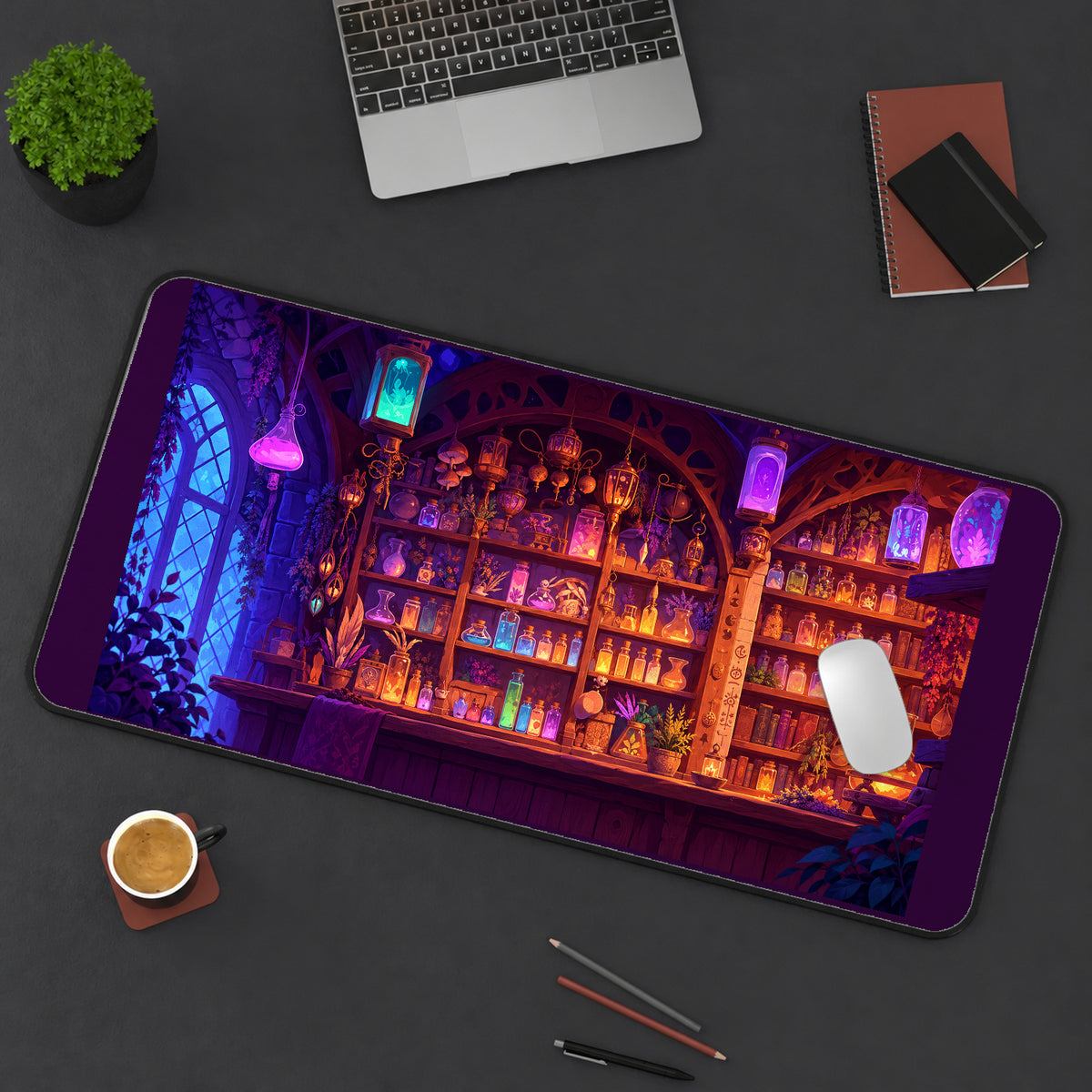 Glowing Apothecary Potion Shelves desk mat — product mockup 3