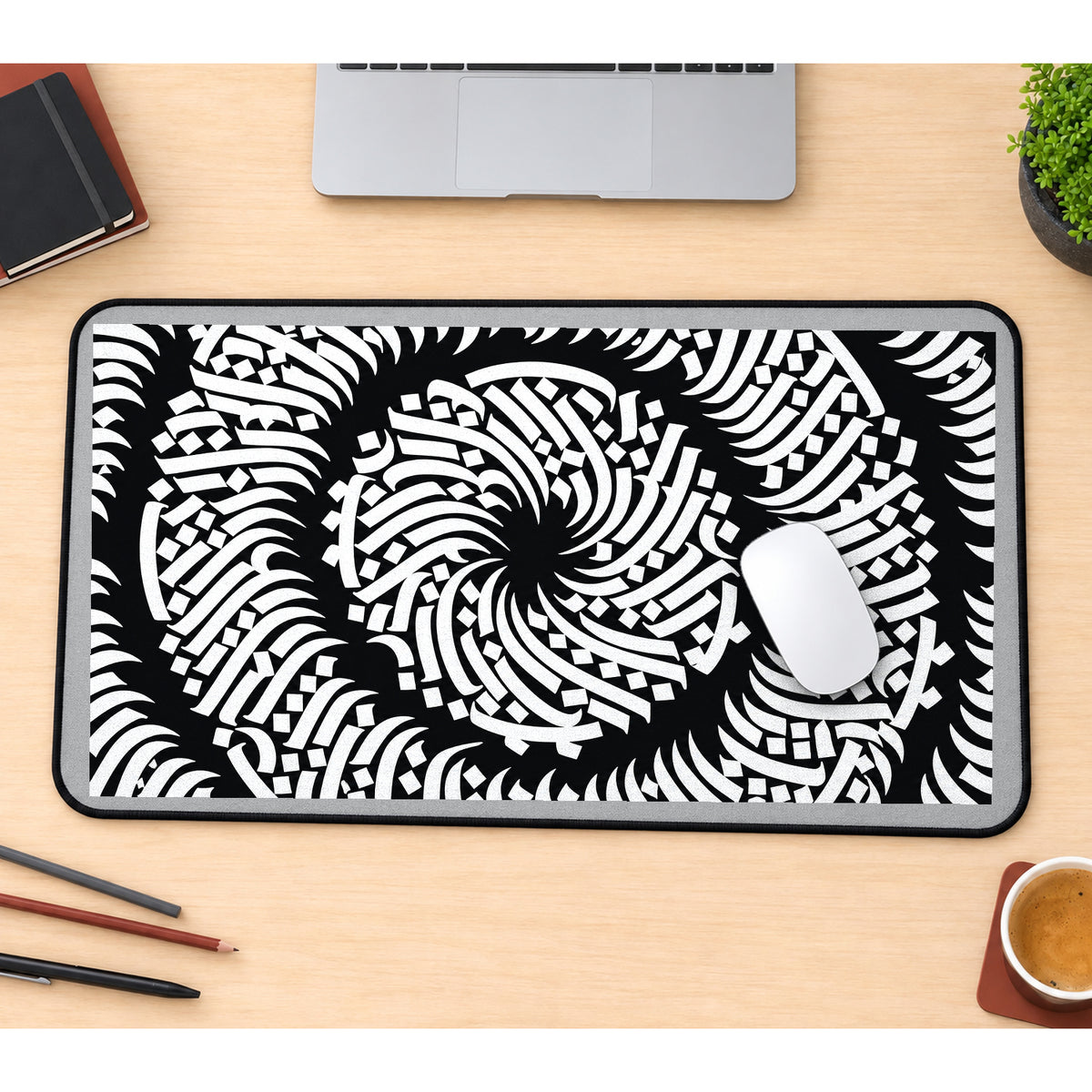 Black and White Optical Mandala desk mat — product mockup 1