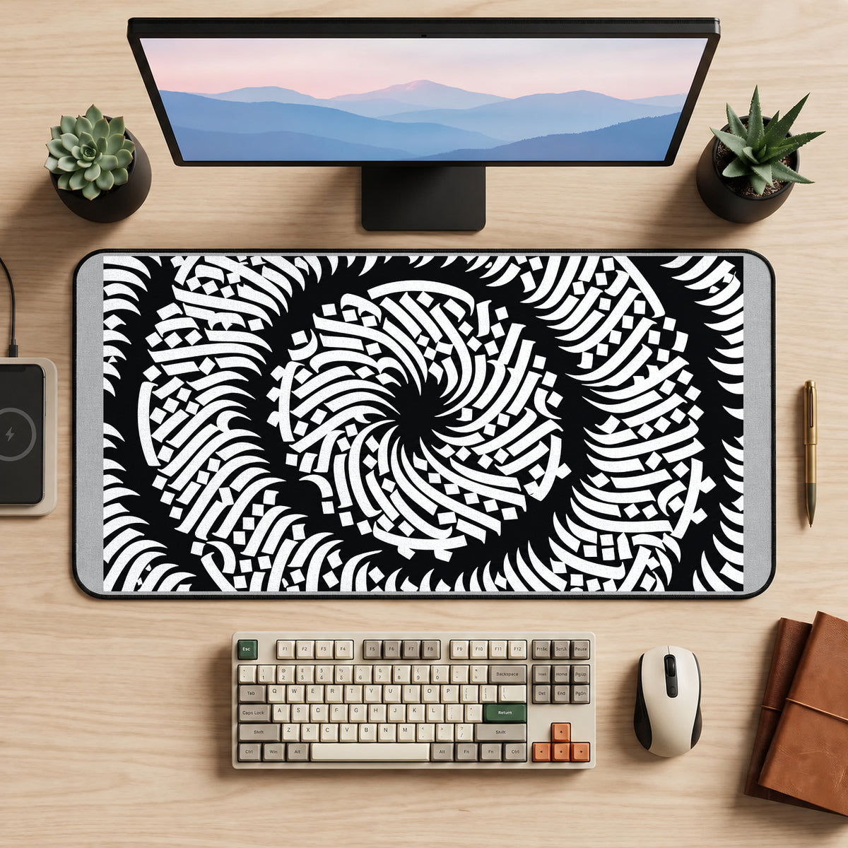 Black and White Optical Mandala desk mat — product mockup 2