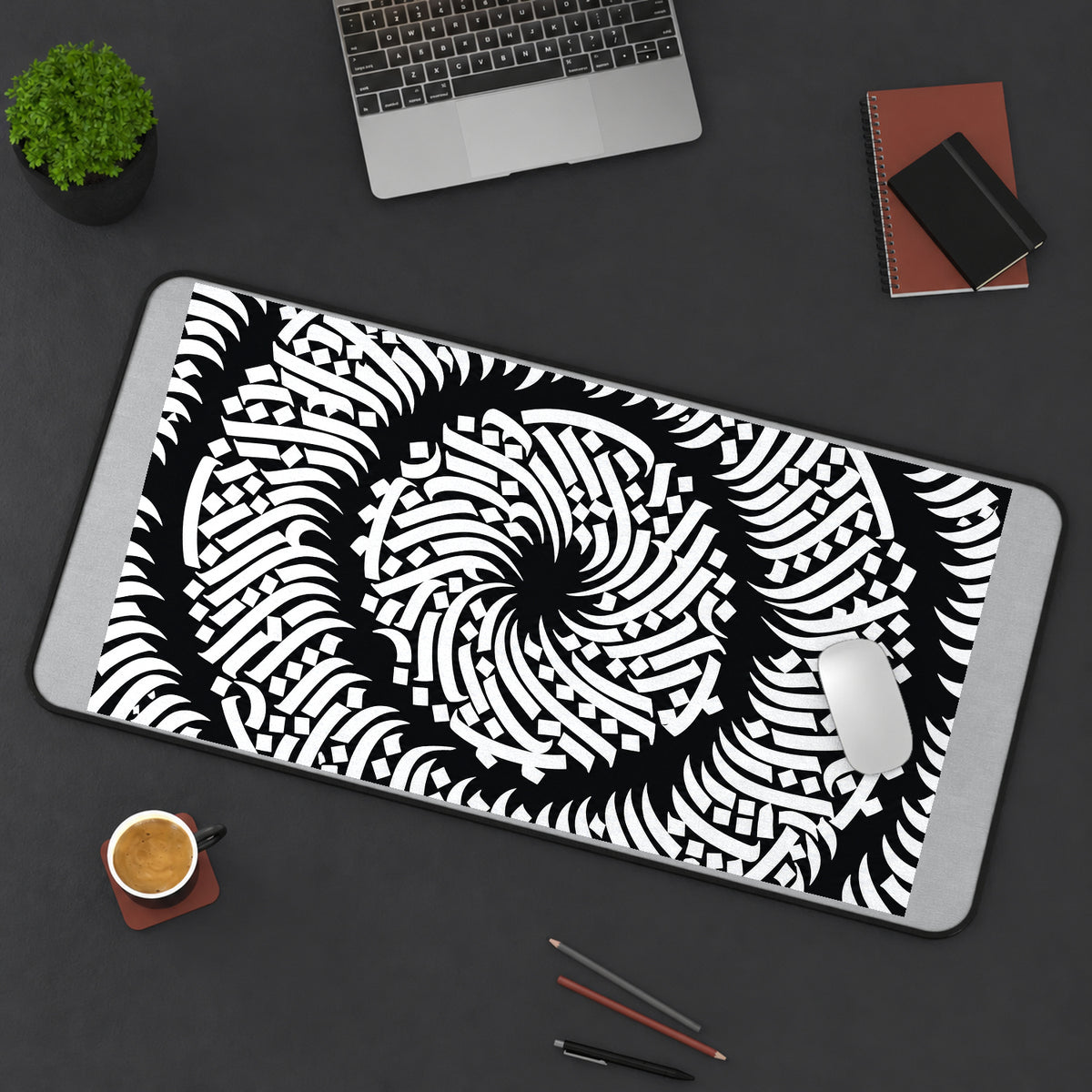 Black and White Optical Mandala desk mat — product mockup 3