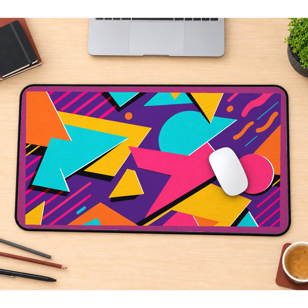 Bright Retro Geometric Shapes desk mat — product mockup 1