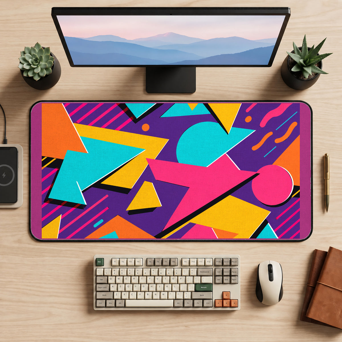 Bright Retro Geometric Shapes desk mat — product mockup 2