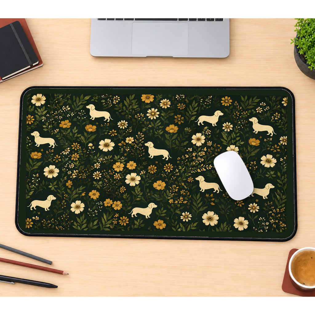 Cream Dachshunds and Garden Flowers desk mat — product mockup 1