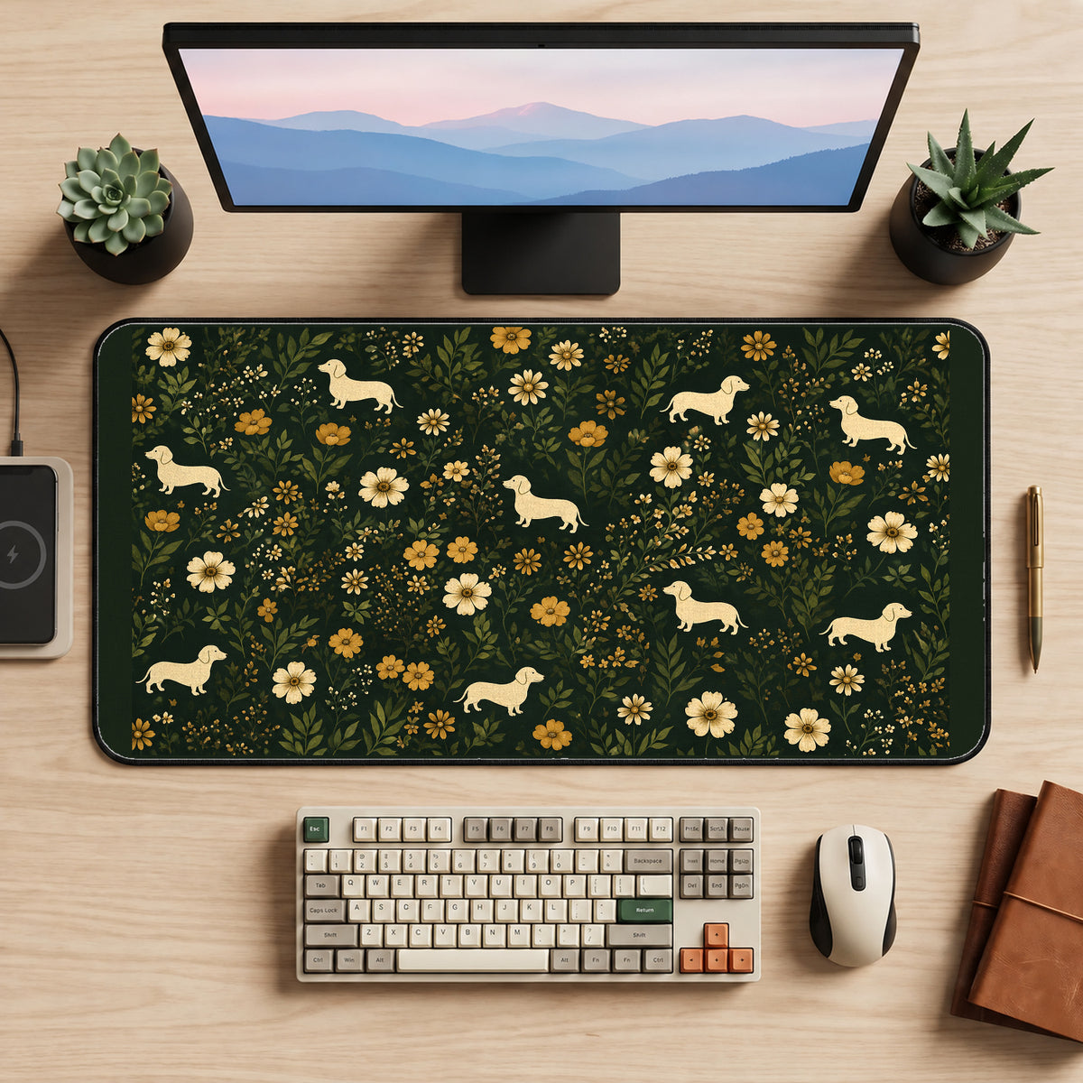 Cream Dachshunds and Garden Flowers desk mat — product mockup 2