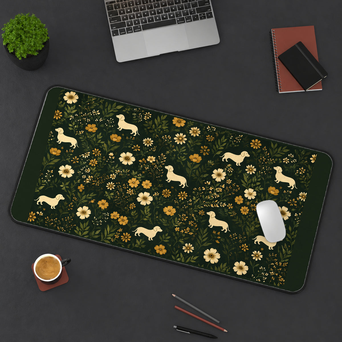 Cream Dachshunds and Garden Flowers desk mat — product mockup 3