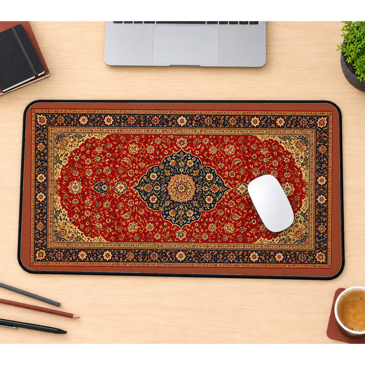 Red Turkish Rug Floral Pattern desk mat — product mockup 1