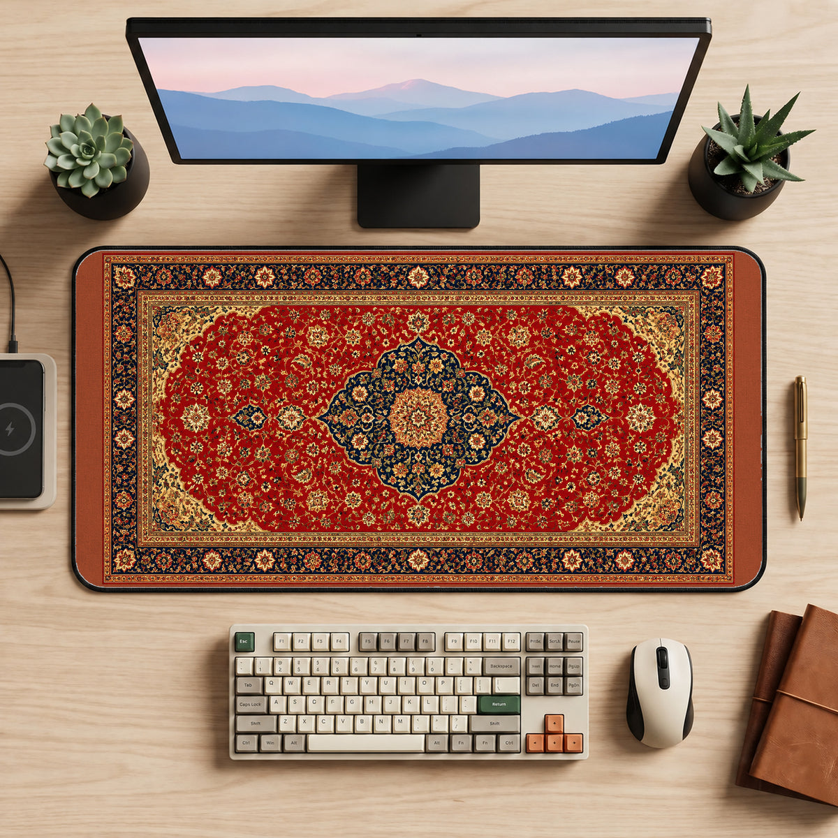 Red Turkish Rug Floral Pattern desk mat — product mockup 2
