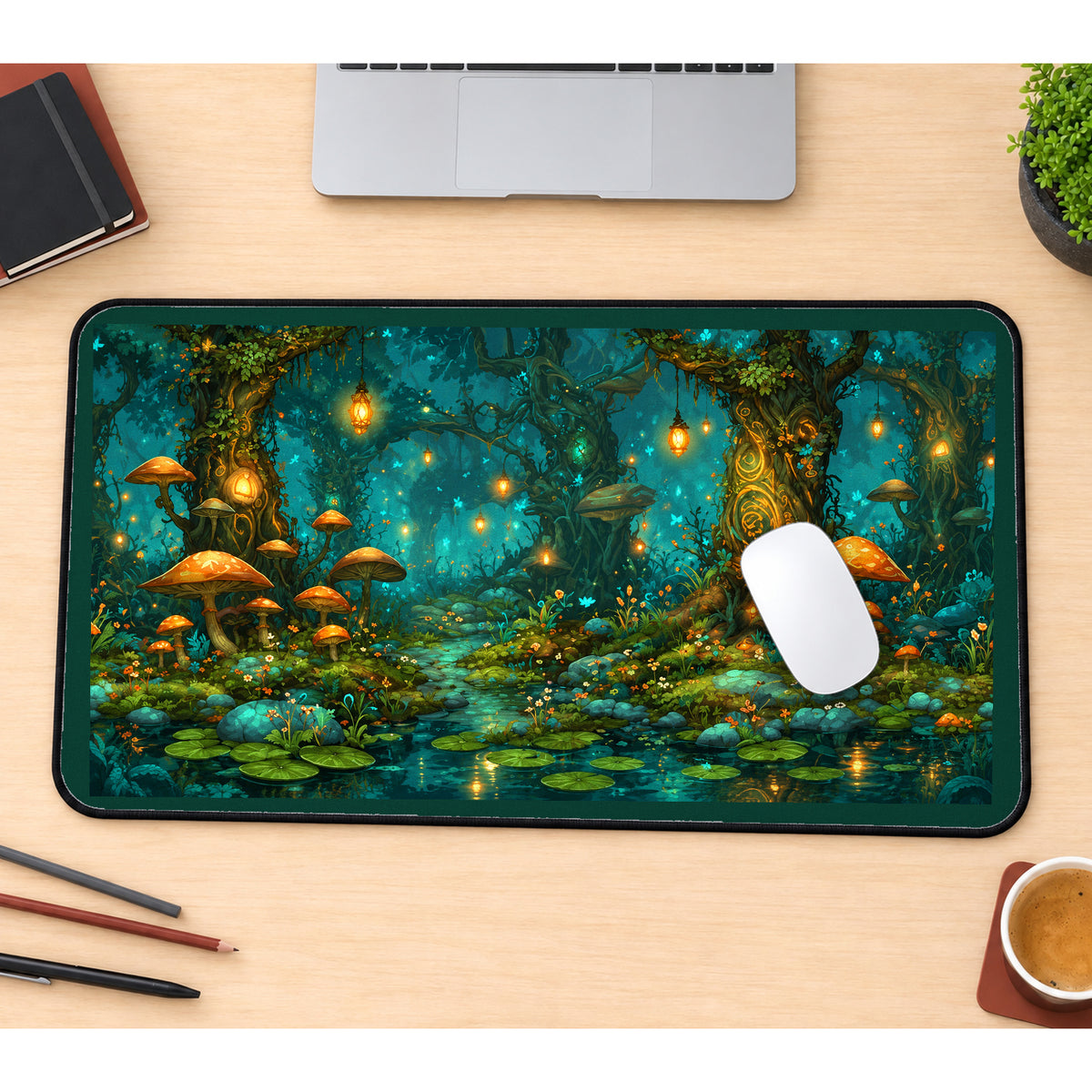 Glowing Mushroom Forest Hollow desk mat — product mockup 1