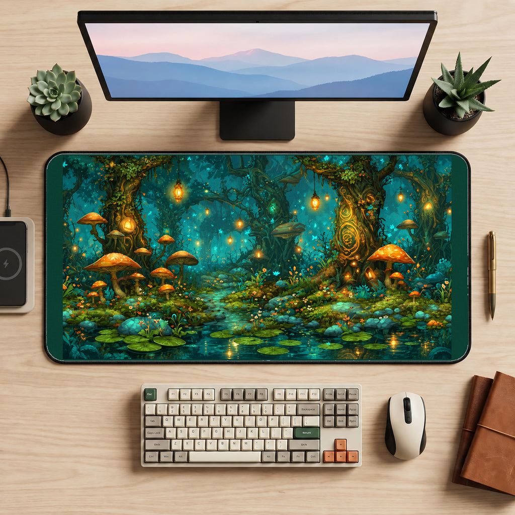 Glowing Mushroom Forest Hollow desk mat — product mockup 2