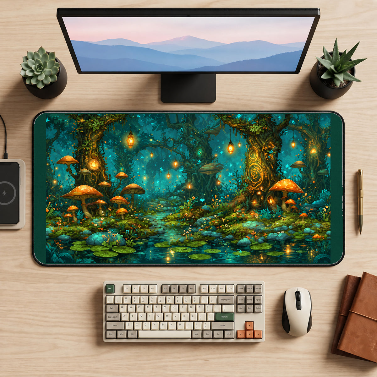 Glowing Mushroom Forest Hollow desk mat — product mockup 2