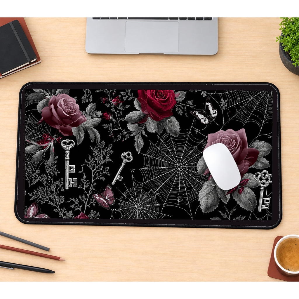 Gothic Roses Spiderwebs and Keys desk mat — product mockup 1