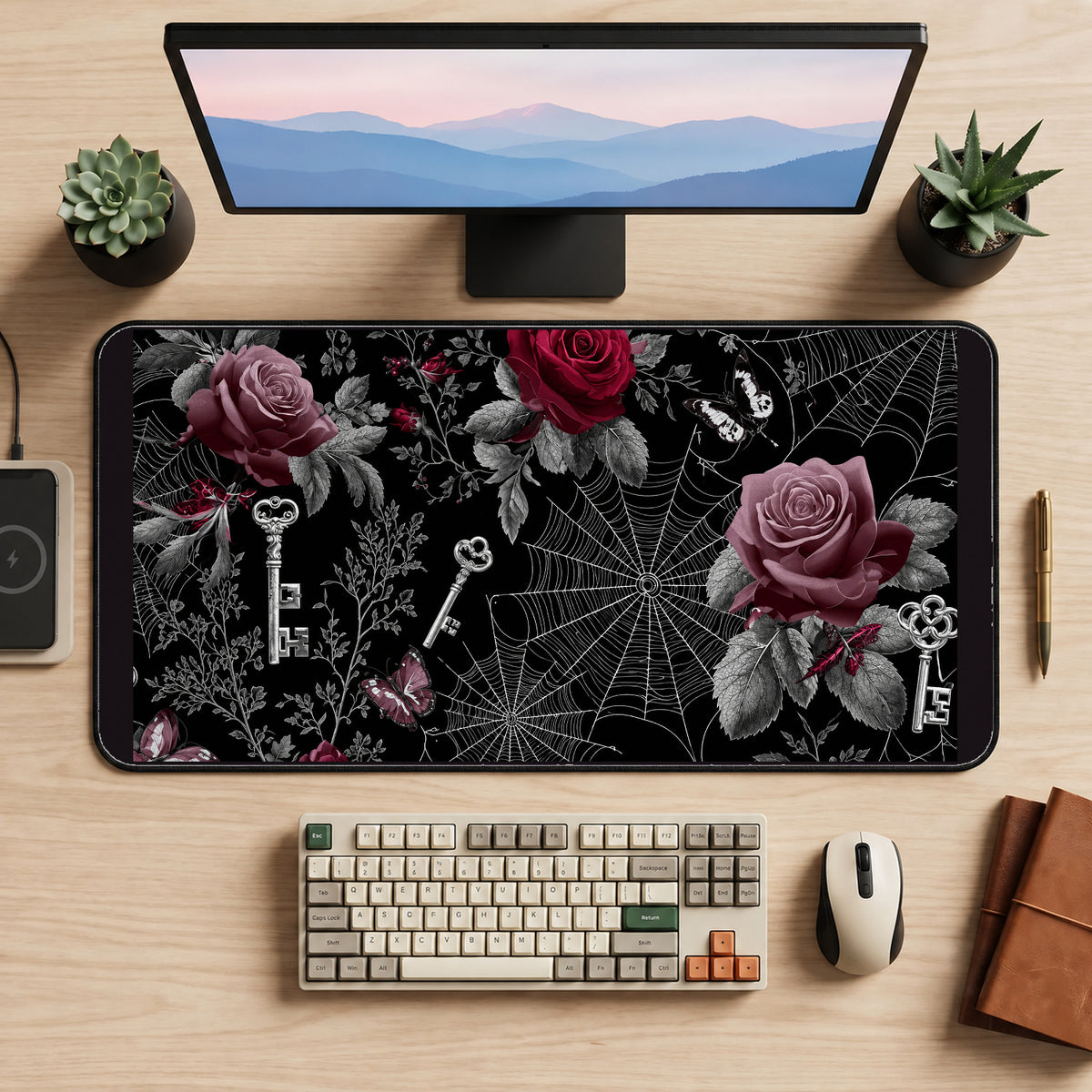 Gothic Roses Spiderwebs and Keys desk mat — product mockup 2