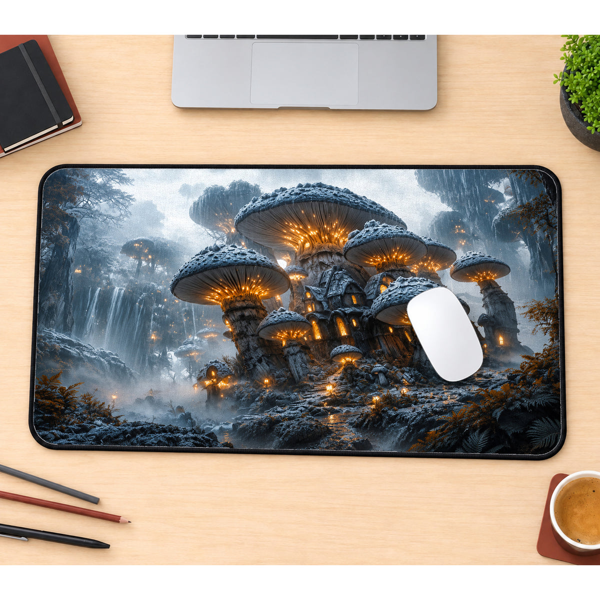 Rainy Mushroom Village Desk Mat — product mockup 1