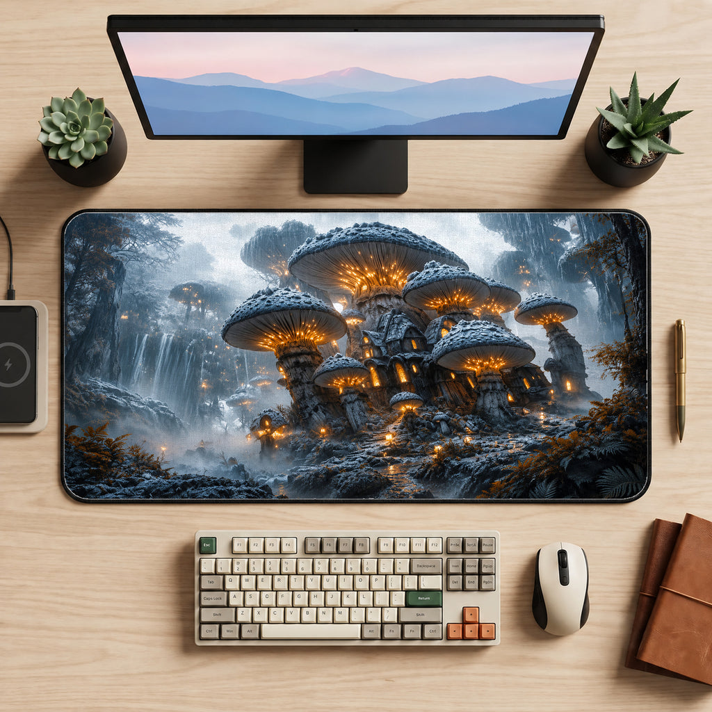 Rainy Mushroom Village Desk Mat — product mockup 2