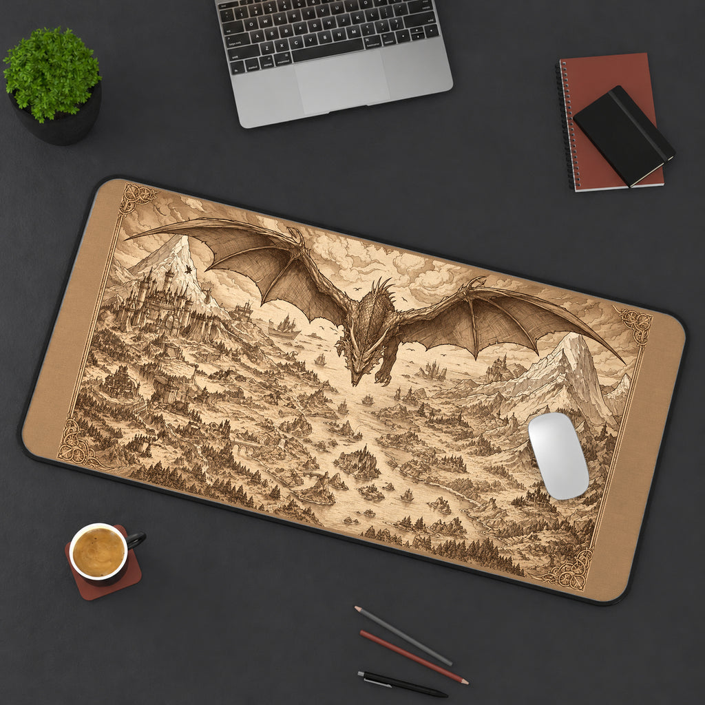 Dragon over a Parchment Fantasy Map desk mat — product mockup 3
