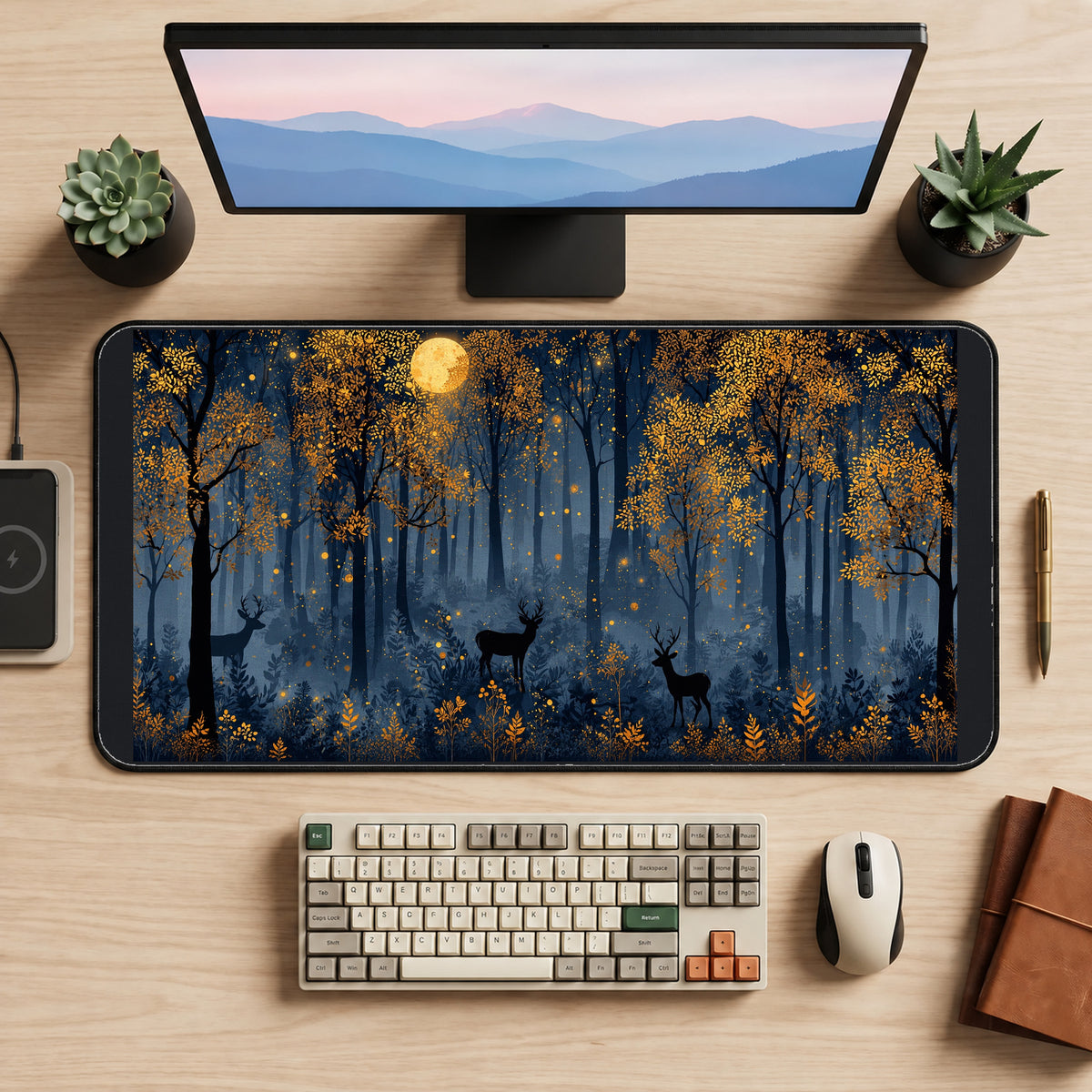 Autumn Deer in Moonlit Forest desk mat — product mockup 2