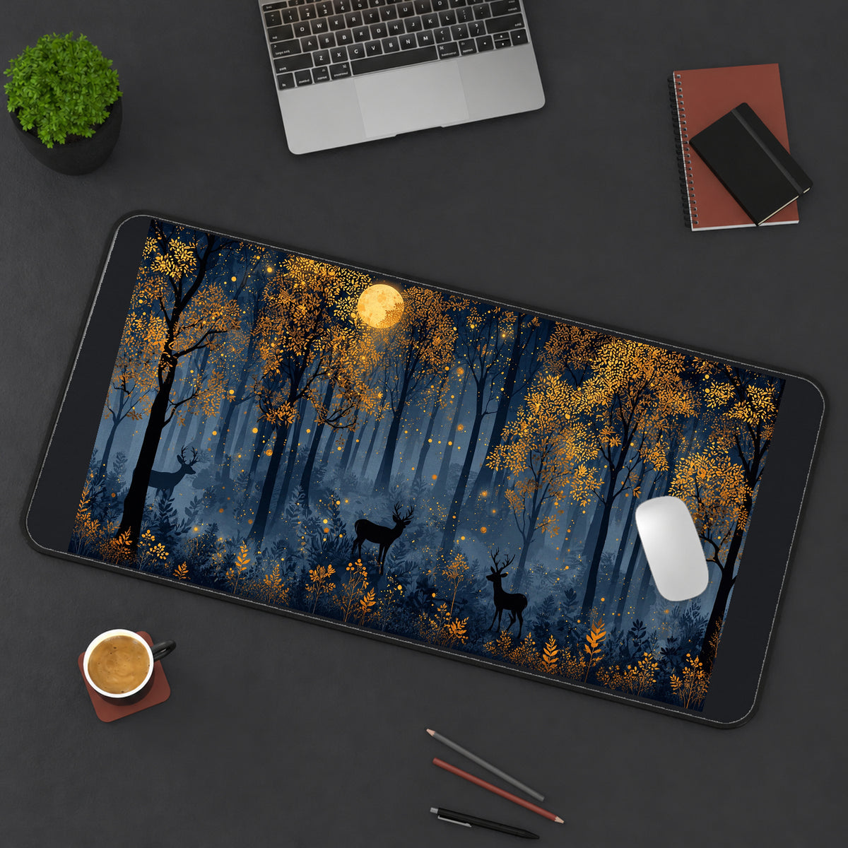 Autumn Deer in Moonlit Forest desk mat — product mockup 3