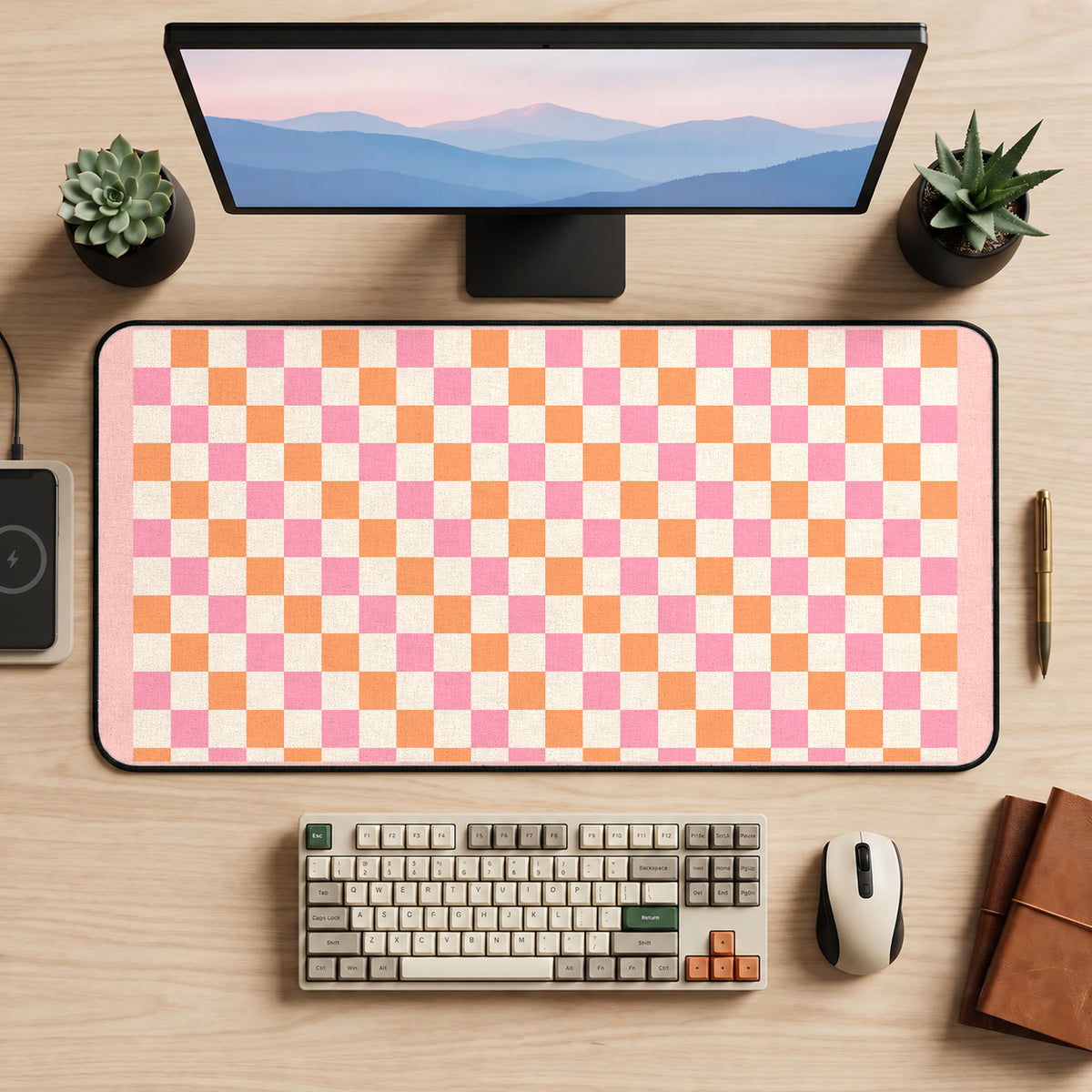 Pink and Orange Checkerboard desk mat — product mockup 2