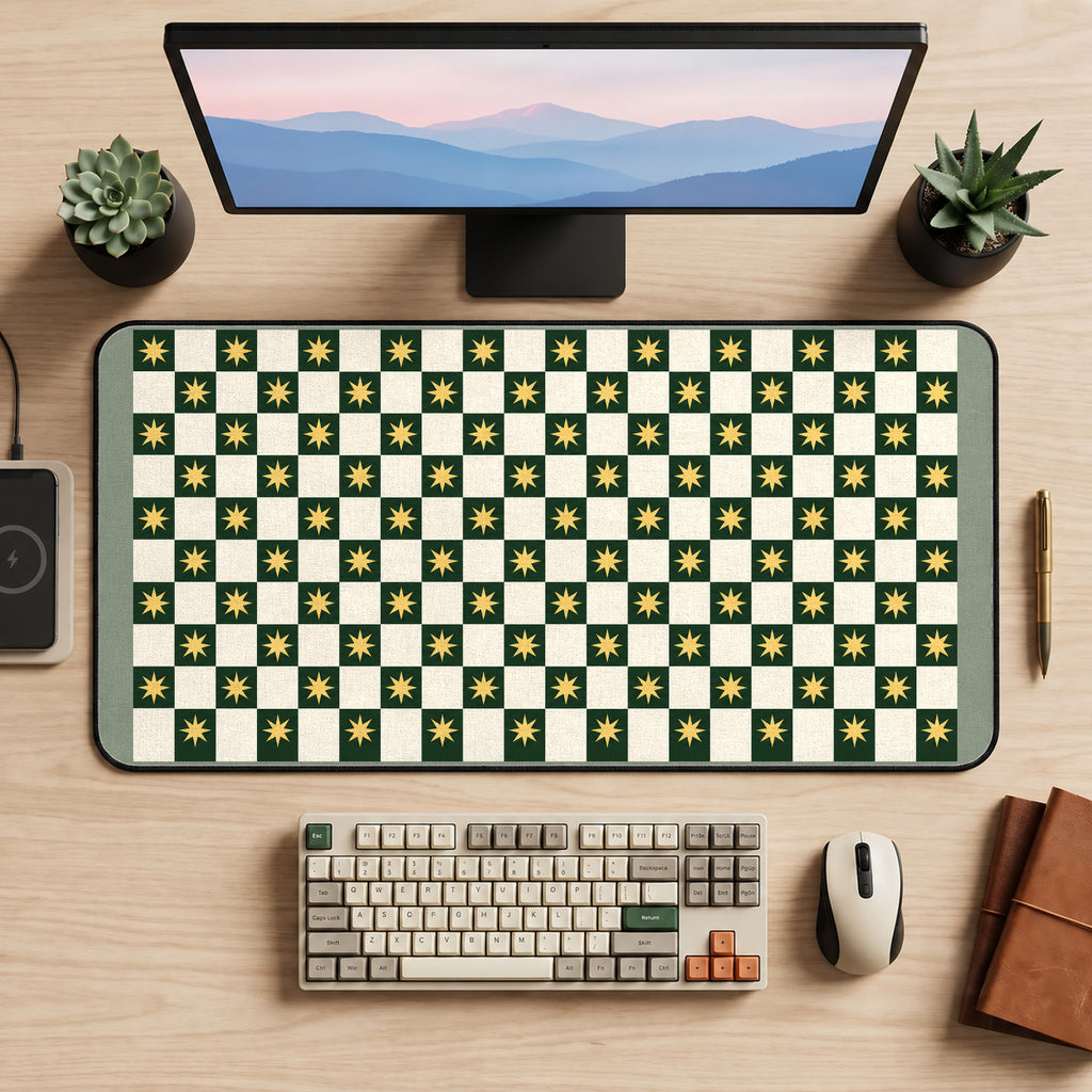 Green Checkerboard with Gold Stars desk mat — product mockup 2