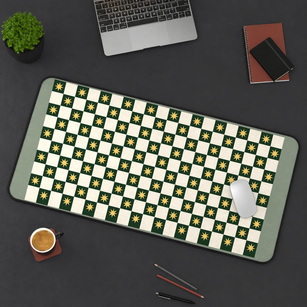 Green Checkerboard with Gold Stars desk mat — product mockup 3