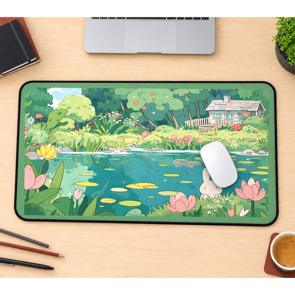 White Bunny in a Lily Pond desk mat — product mockup 1