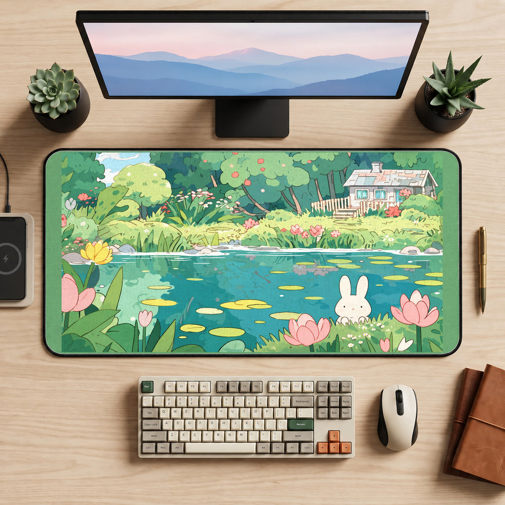White Bunny in a Lily Pond desk mat — product mockup 2