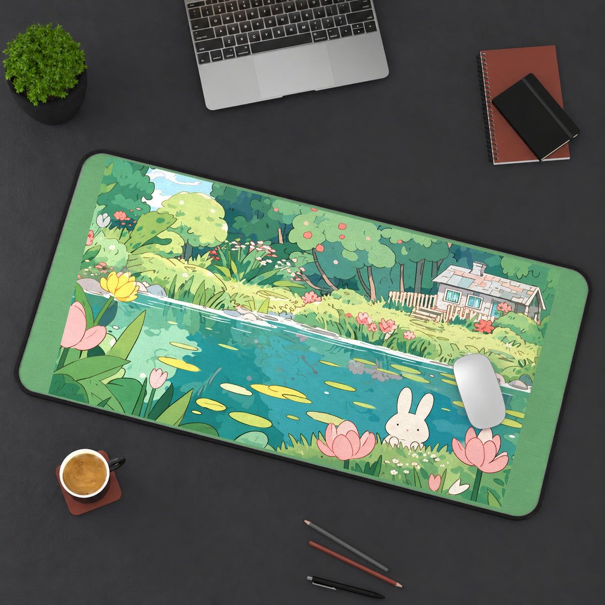 White Bunny in a Lily Pond desk mat — product mockup 3
