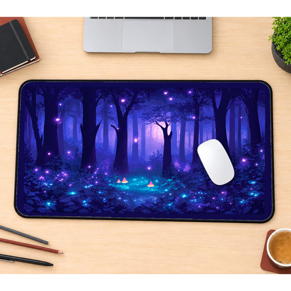 Purple Firefly Woodland desk mat — product mockup 1