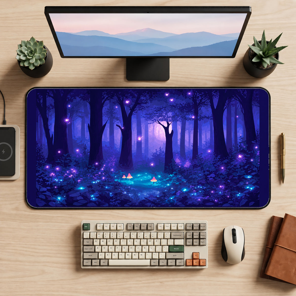 Purple Firefly Woodland desk mat — product mockup 2