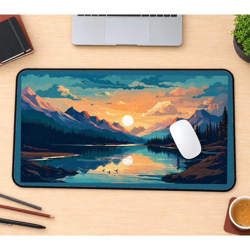 Sunrise Mountain Lake desk mat — product mockup 1