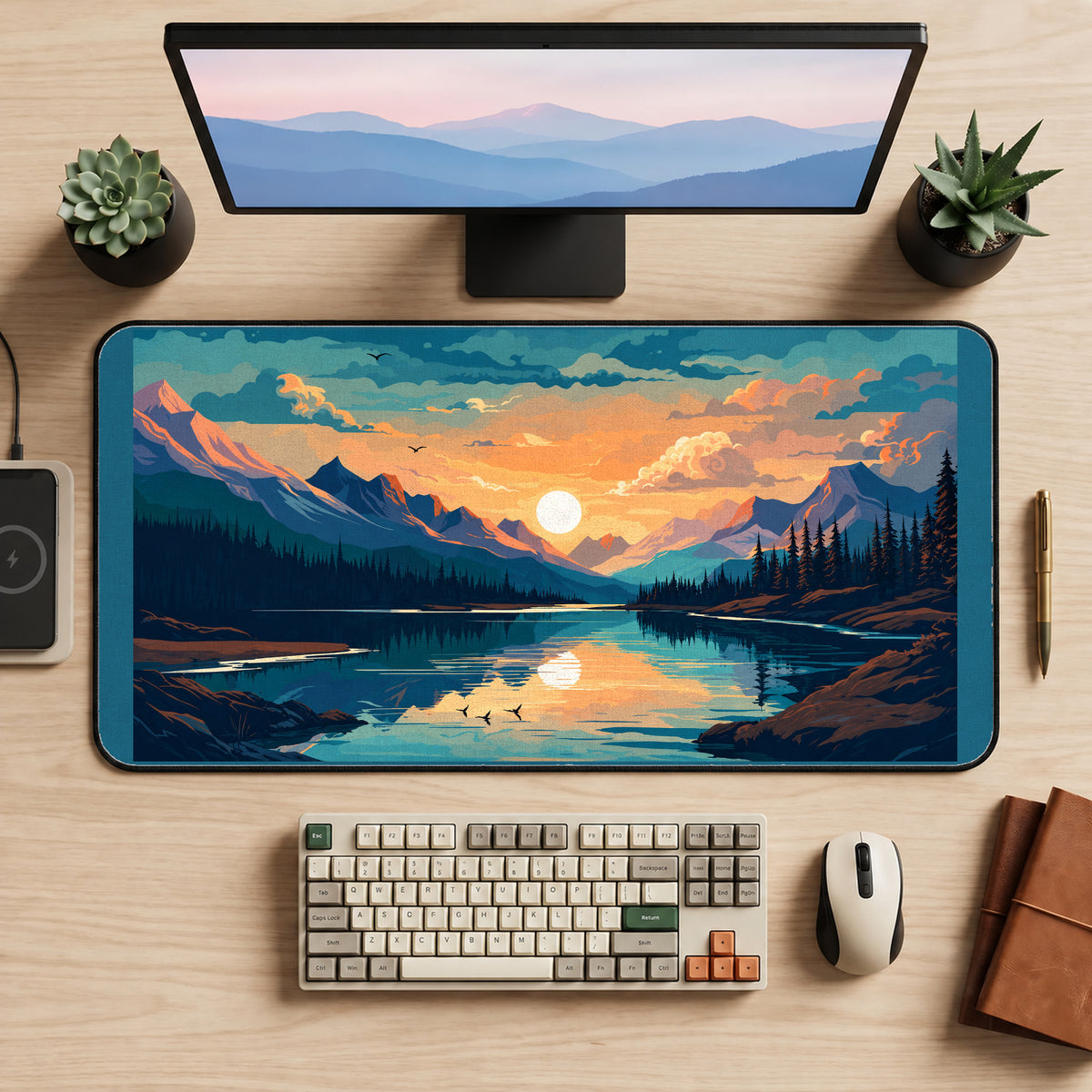 Sunrise Mountain Lake desk mat — product mockup 2