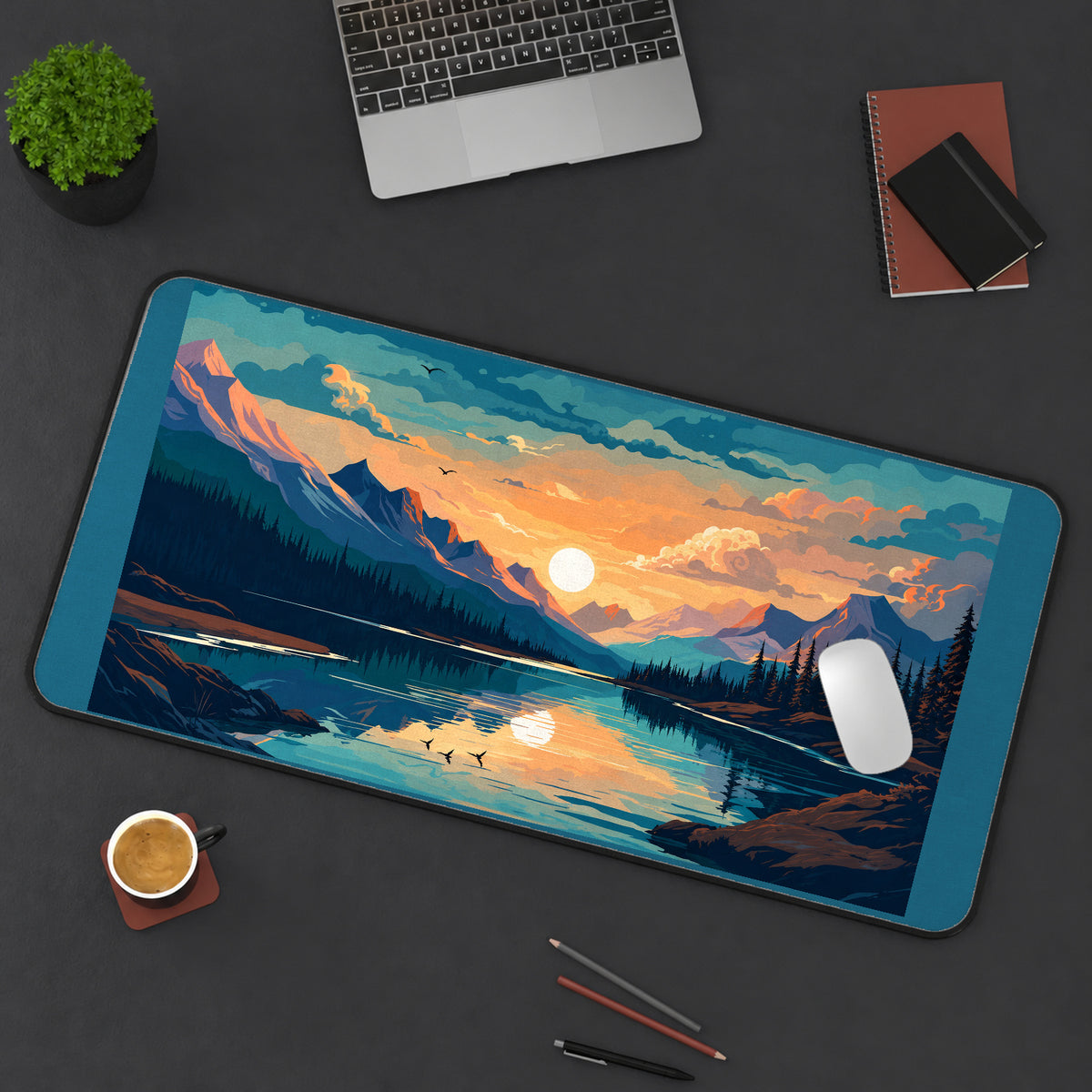 Sunrise Mountain Lake desk mat — product mockup 3