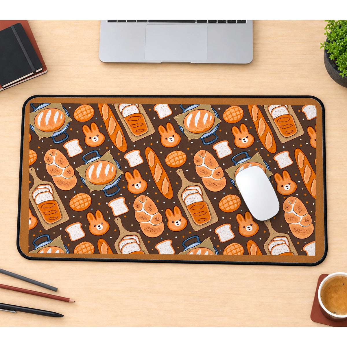 Cute Bunny Bread and Pastries desk mat — product mockup 1