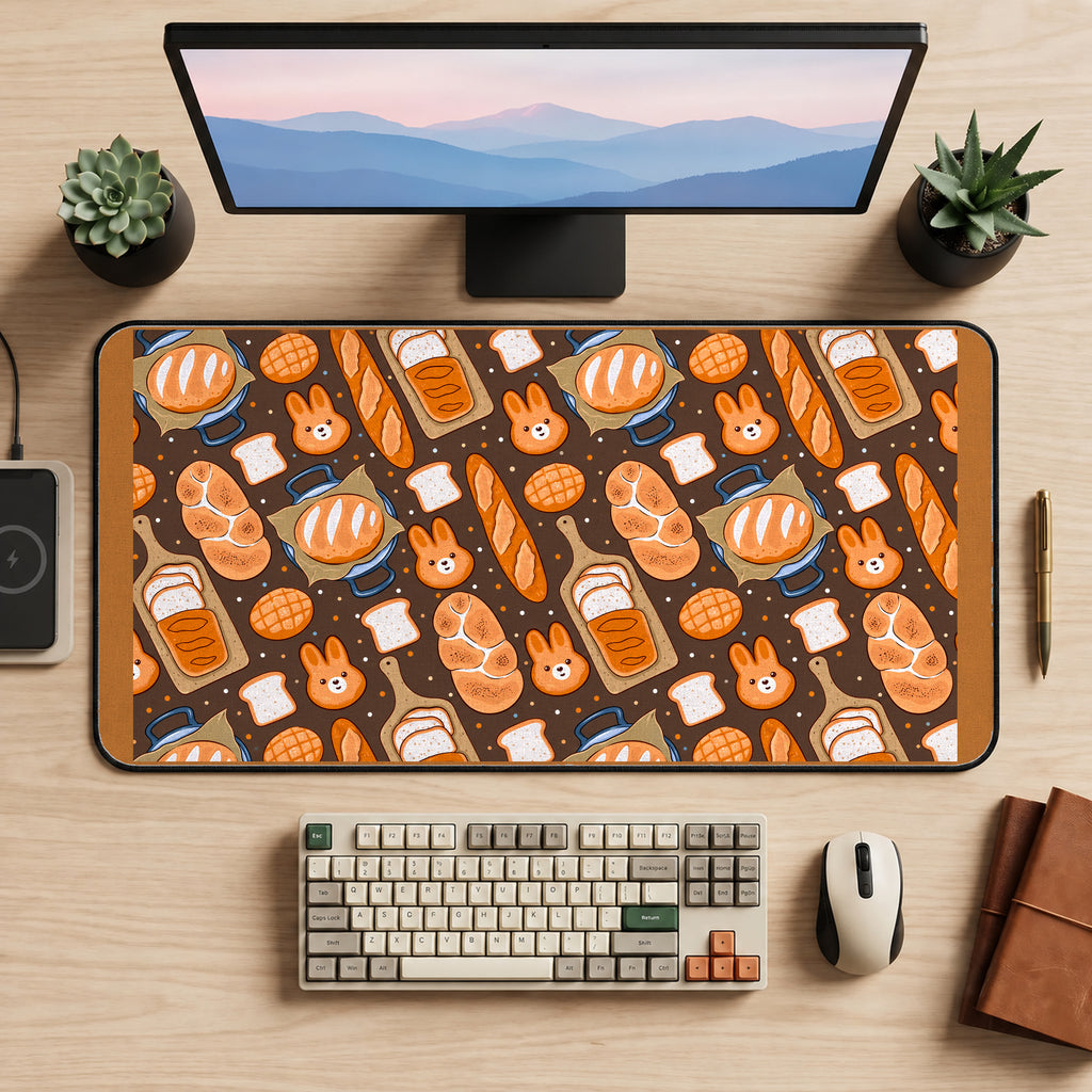 Cute Bunny Bread and Pastries desk mat — product mockup 2