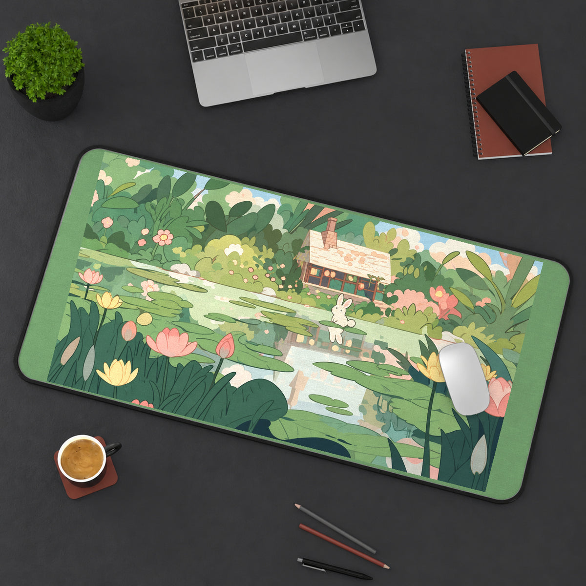Bunny Pond Cottage Garden desk mat — product mockup 3