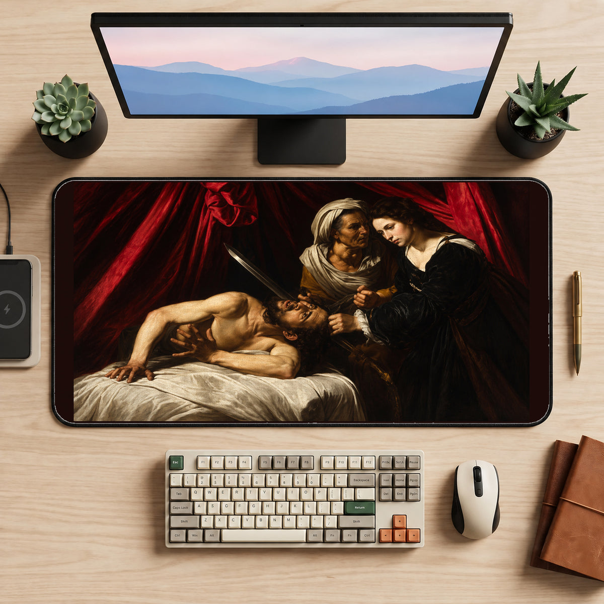 Judith and Holofernes Painting Scene desk mat — product mockup 2