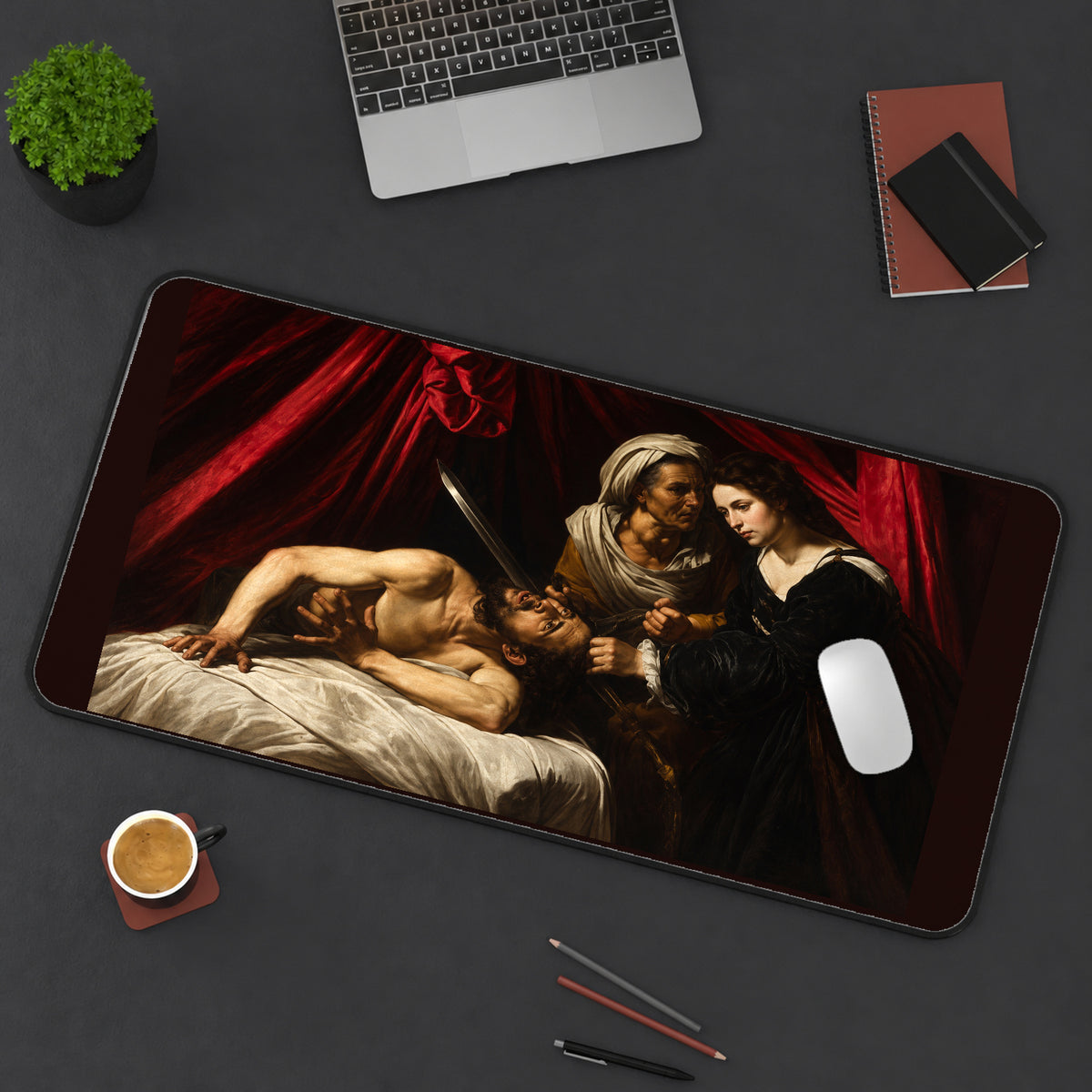 Judith and Holofernes Painting Scene desk mat — product mockup 3