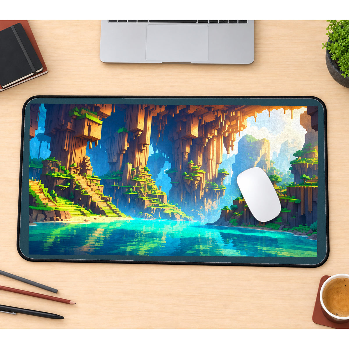 Blocky Cave River Landscape desk mat — product mockup 1