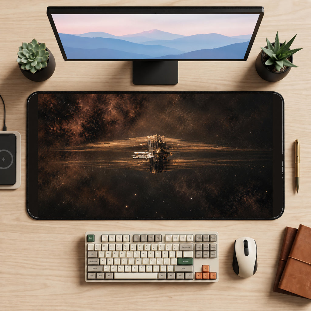 Spacecraft in a Golden Nebula desk mat — product mockup 2