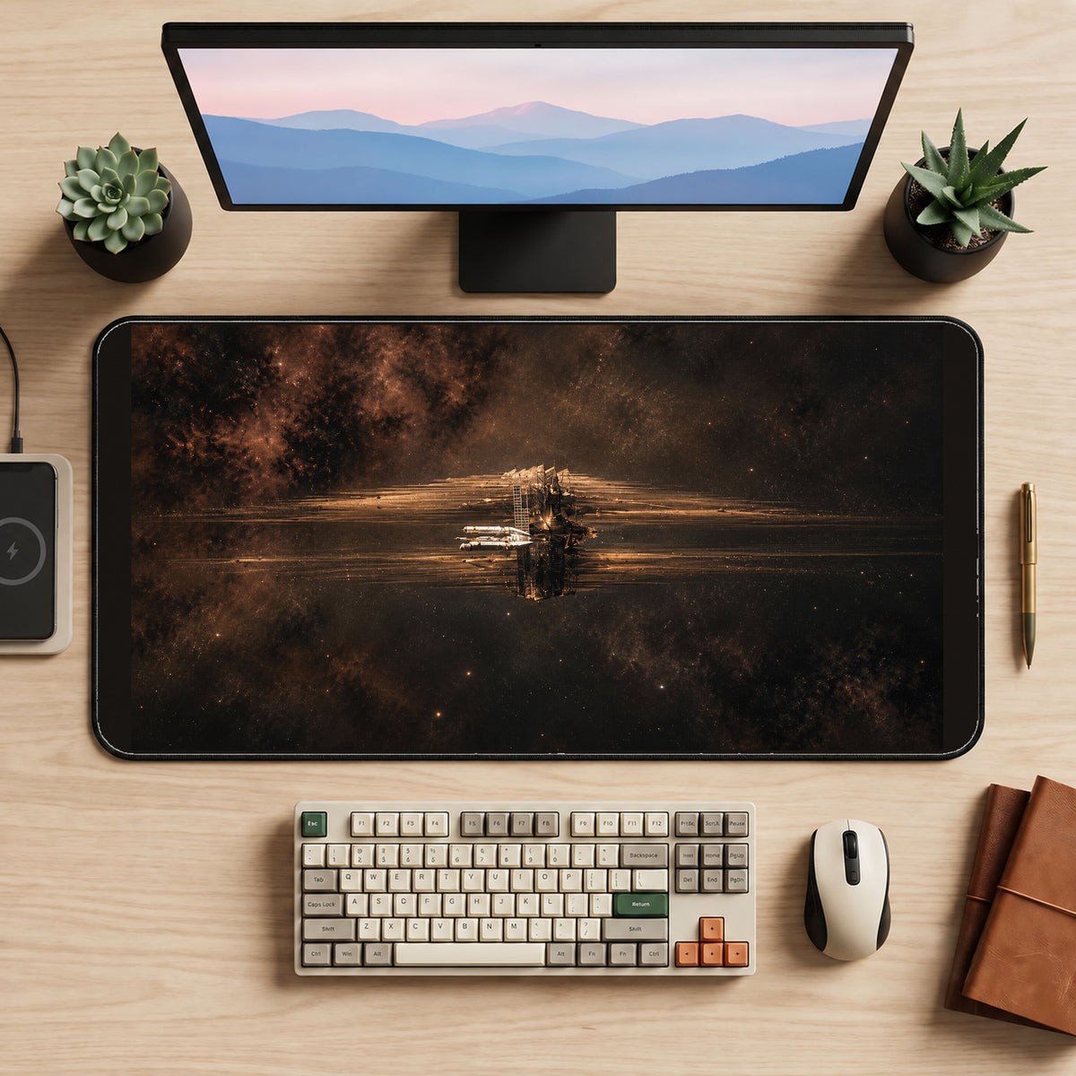 Spacecraft in a Golden Nebula desk mat — product mockup 2