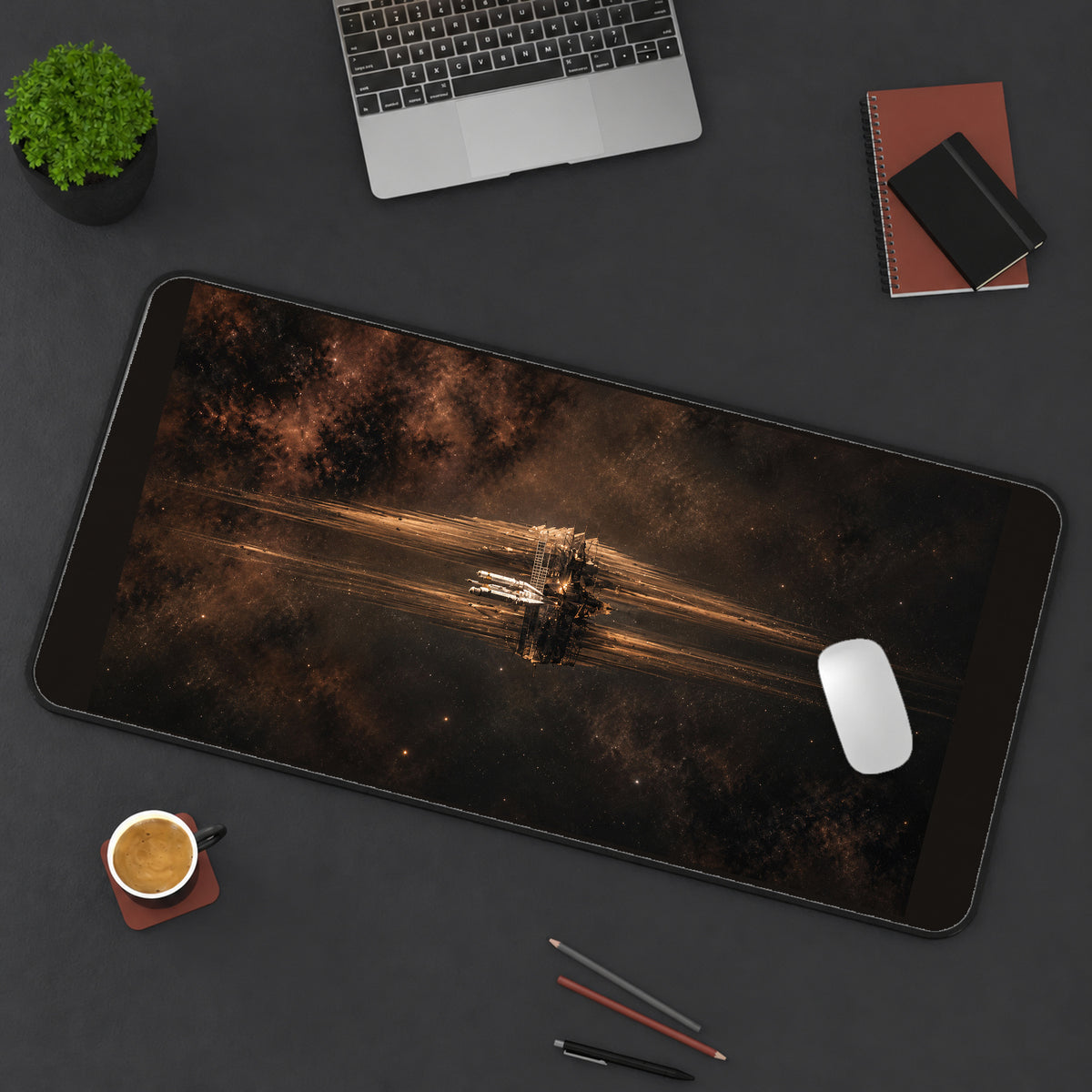 Spacecraft in a Golden Nebula desk mat — product mockup 3