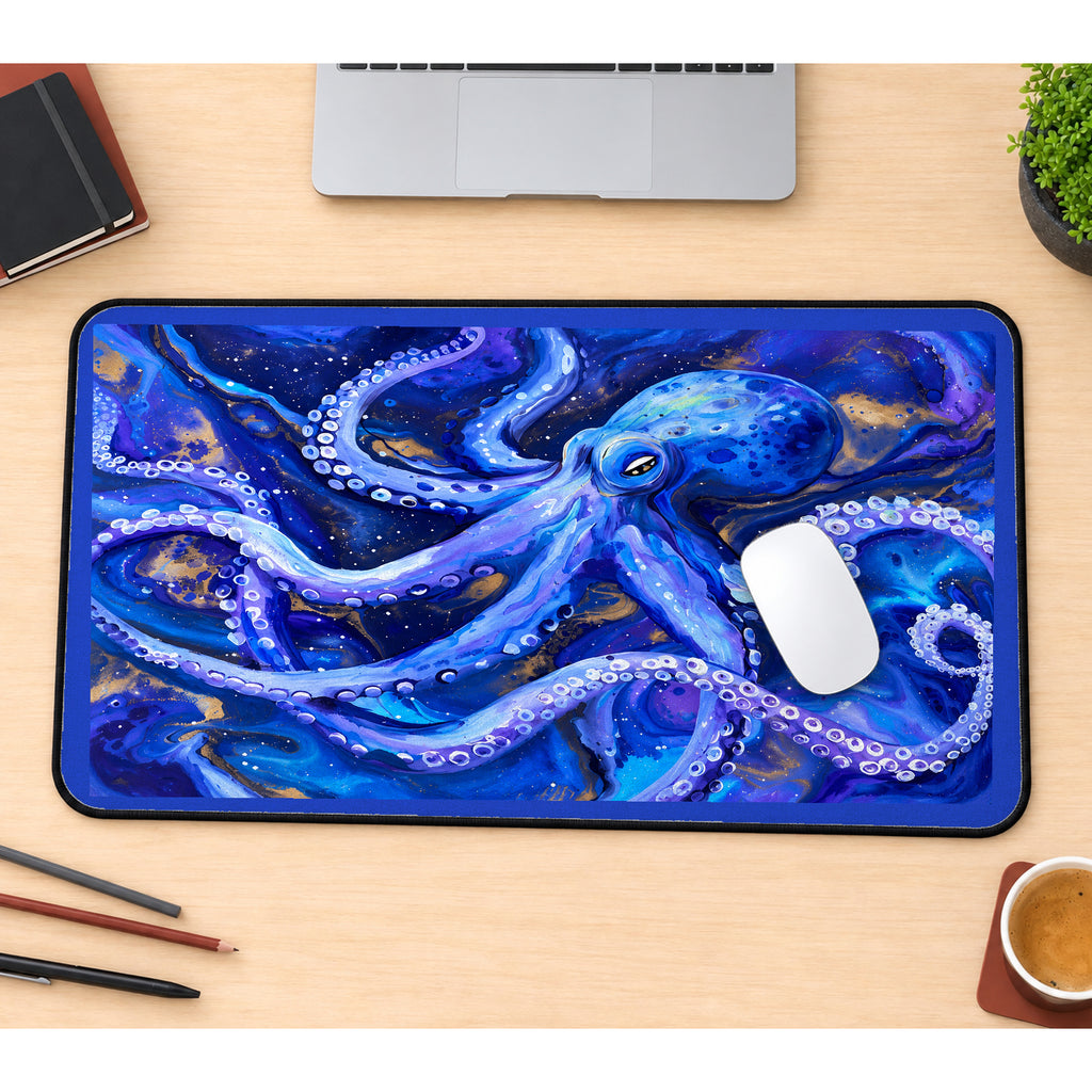 Blue Octopus in Deep Water desk mat — product mockup 1