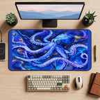 Blue Octopus in Deep Water desk mat — product mockup 2