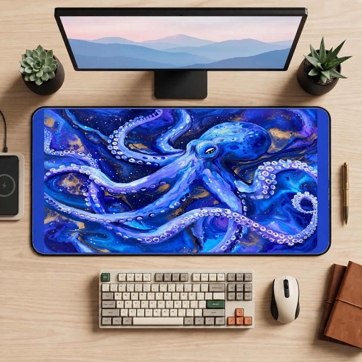 Blue Octopus in Deep Water desk mat — product mockup 2