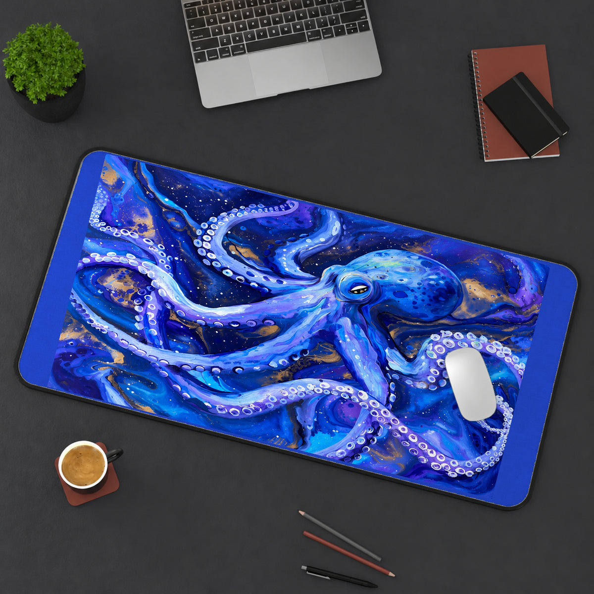 Blue Octopus in Deep Water desk mat — product mockup 3
