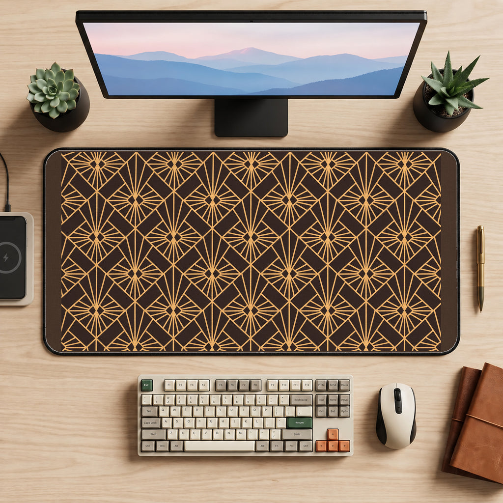 Golden Art Deco Fan Pattern desk mat — product mockup 2