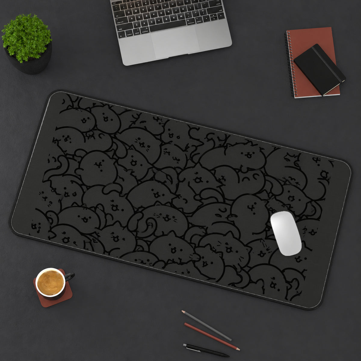 Subtle Charcoal Cartoon Cats desk mat — product mockup 3