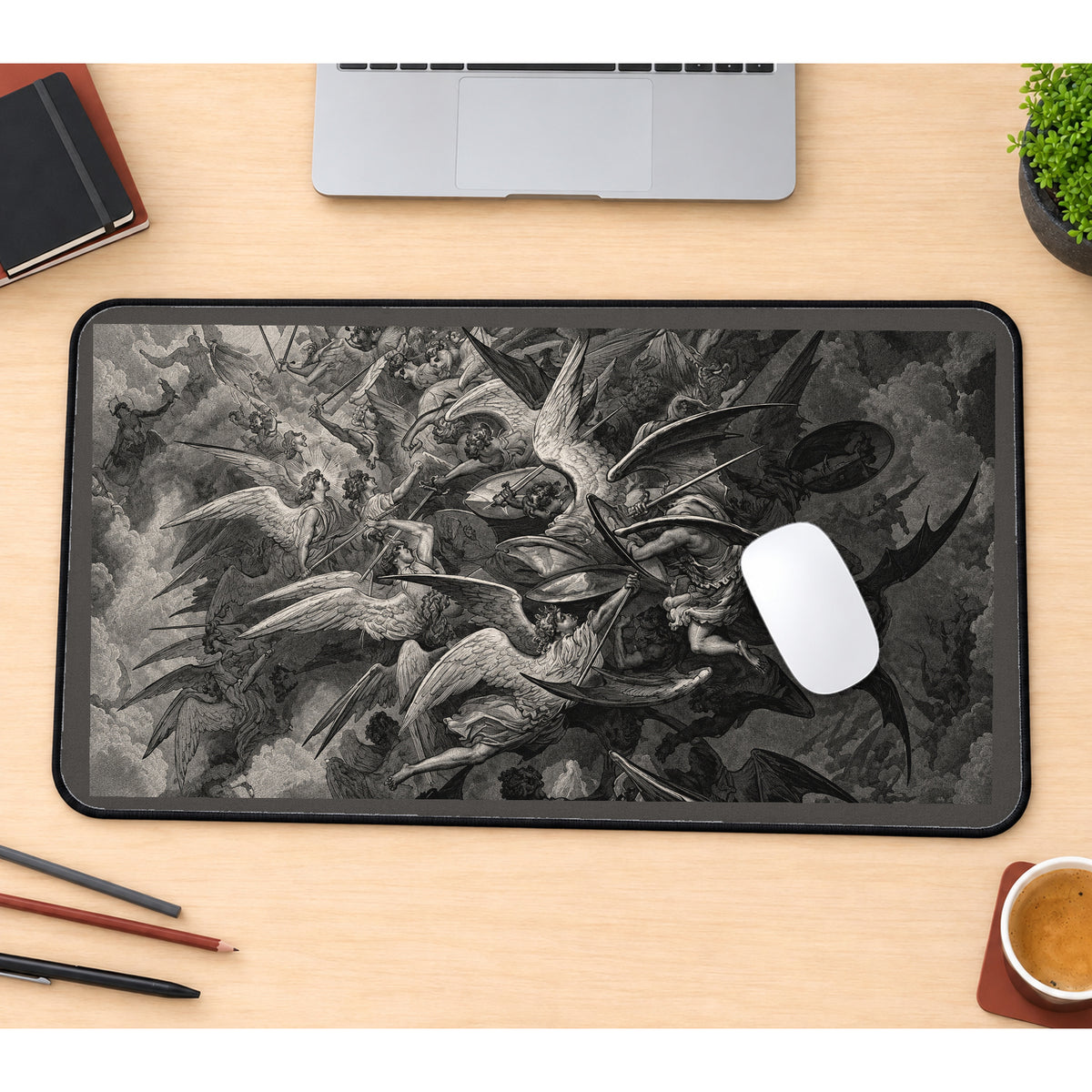 Winged Battle Engraving desk mat — product mockup 1