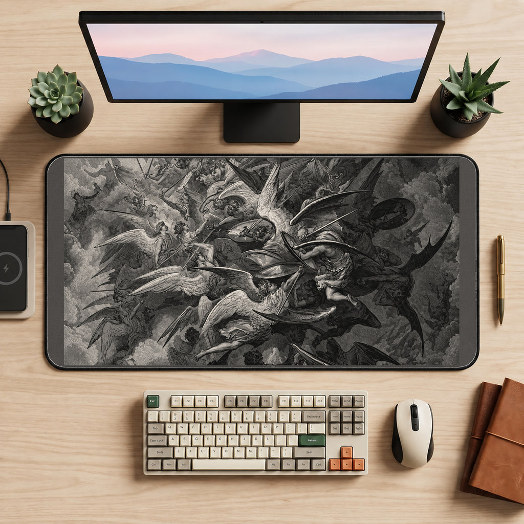 Winged Battle Engraving desk mat — product mockup 2
