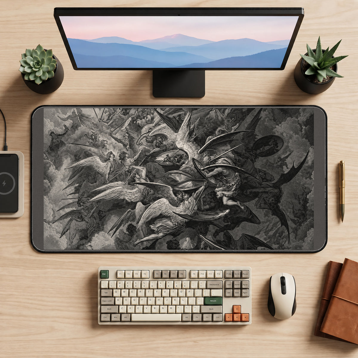 Winged Battle Engraving desk mat — product mockup 2